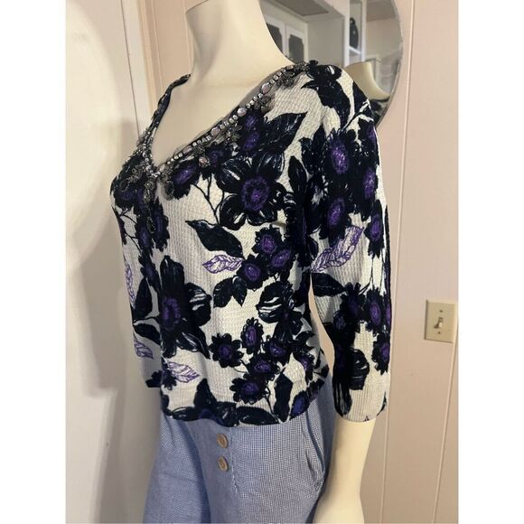SoCa St. John Wool Blend 3/4 Sleeve V-Neck Beaded Floral Print Lightweight Sweat - Picture 3 of 11